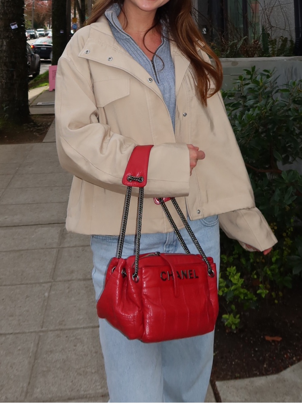 CHANEL Red Quilted Leather Shoulder Bag with Chain Detail